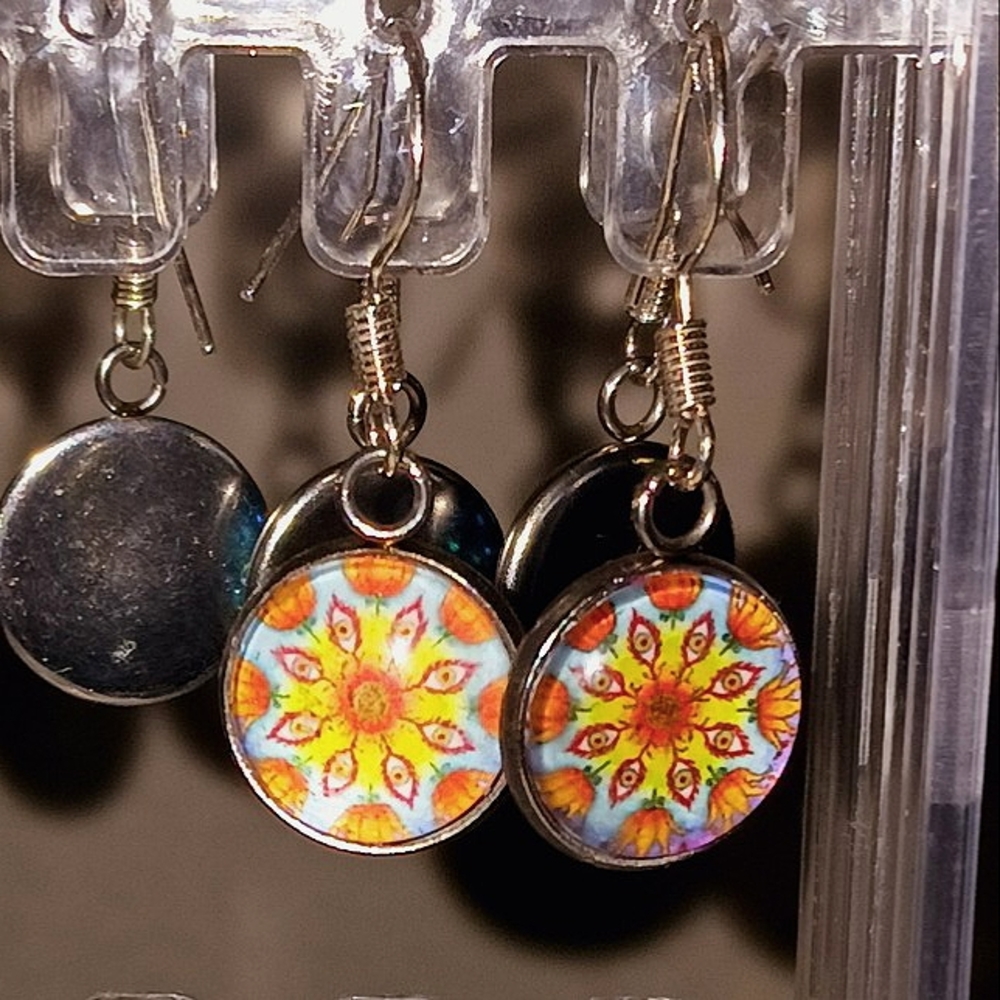 Retro Orange/Yellow Mosaic Daisy Dangle Earrings, Stainless Steel French Hooks